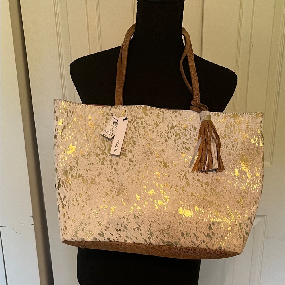 Chico's Gold and Cream Tote and Make-up Bag with Tassel